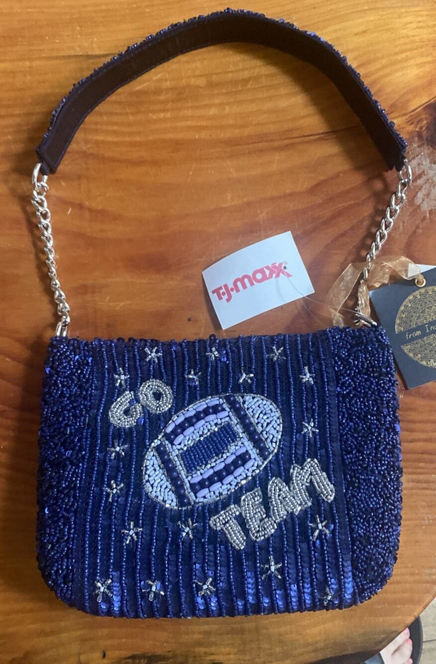 Viral TikTok Beaded Bag Blue Go Team with Silver Accents NWT TJ Max